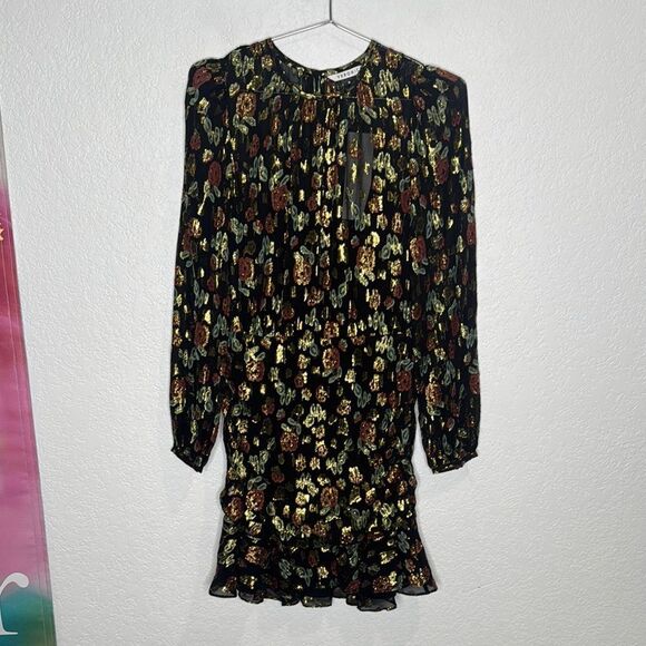 NWT VERONICA BEARD Black Gold Metallic Foil ROBIN Silk Ruched Mini Dress Size 2 - Picture 2 of 15